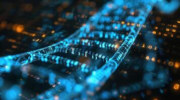Abstract representation of DNA strands intertwined with glowing binary code and data streams photo
