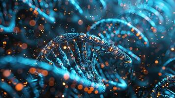 Abstract representation of DNA strands illuminated with glowing particles in a digital environment photo