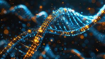 Abstract representation of DNA strands illuminated with vibrant colors and glowing particles photo