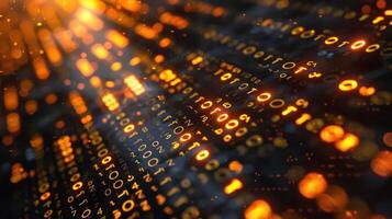 Abstract representation of flowing binary code illuminated with warm light effects photo