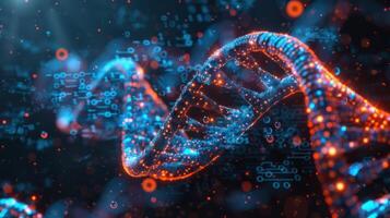 Abstract representation of a glowing DNA double helix with digital data in the background photo