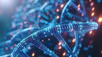 Abstract representation of DNA structure intertwined with digital binary code in a futuristic setting photo