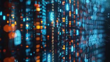 Abstract digital data visualization with glowing locks and numbers representing cybersecurity trends photo