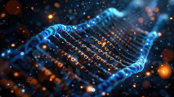 Abstract representation of DNA strands with binary code and glowing particles in a dark background photo
