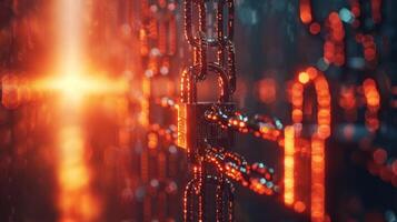 Close-up view of a glowing padlock on a chain, symbolizing security and protection in a digital world photo