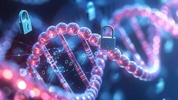 Abstract representation of DNA strands secured with locks, symbolizing data protection and privacy photo