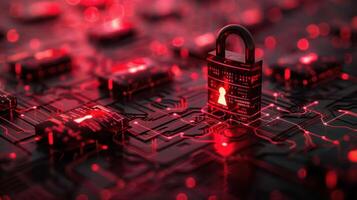 Digital security concept with a padlock on a circuit board illuminated in red tones photo