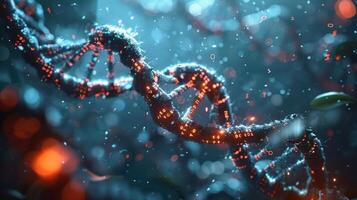 Intricate close-up of DNA strand illuminated by glowing particles in a vibrant, scientific environment photo
