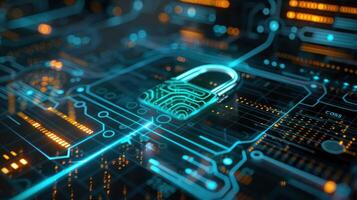 Abstract digital security concept with glowing lock on circuit board background, illustrating technology photo