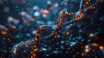 Abstract visualization of DNA strands illuminated by glowing particles in a dark environment photo