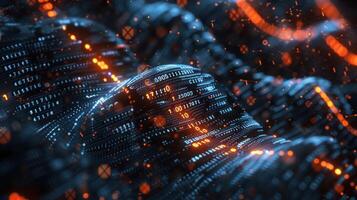 Abstract digital landscape with flowing binary data and glowing particles in dark background photo