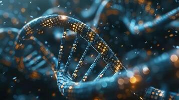 Abstract representation of DNA strands illuminated by glowing particles in a digital environment photo