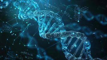 Futuristic representation of DNA helix with glowing particles and data visualization background photo