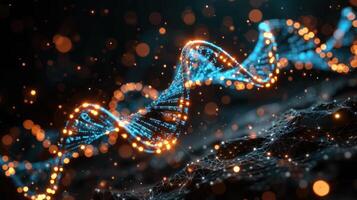 Abstract representation of a glowing DNA strand with vibrant particles in a dark background photo
