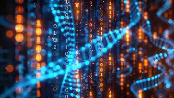 Abstract representation of binary code and digital data flow with vibrant blue and orange colors photo