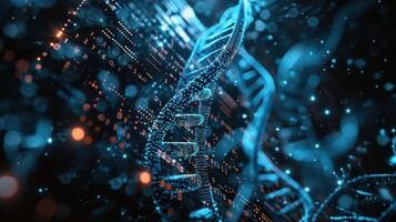 Futuristic digital representation of DNA strands surrounded by glowing data particles and networks photo