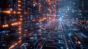 Futuristic digital circuit board with glowing lights creating a high-tech ambiance photo