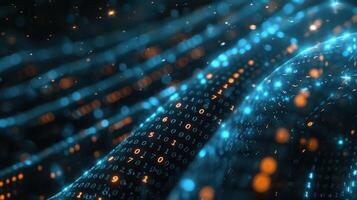 Abstract representation of flowing digital data with binary code and glowing particles in motion photo