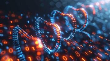 Abstract representation of digital data flow with binary code and glowing heart shapes in a futuristic setting photo