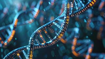 Abstract representation of DNA strands with glowing binary code against a blurred background photo