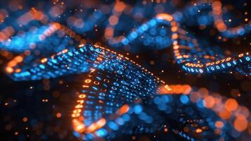 Abstract representation of flowing binary code illuminated by vibrant blue and orange lights photo