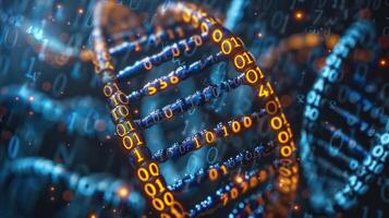 Abstract representation of DNA strands intertwined with binary code, symbolizing data in genetics photo