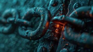 Close-up of an aged, rusty chain link with numbers, illuminated by a soft glow, against a textured background photo