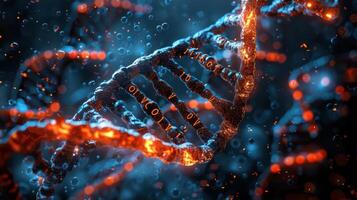 Close-up view of a glowing DNA double helix in a dark, abstract background with bubbles photo