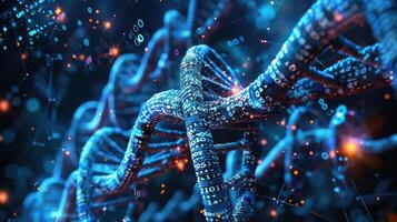 Abstract representation of DNA strands intertwined with binary code, showcasing digital innovation photo
