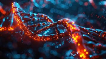 Vibrant 3D Representation of DNA Structure with Digital Binary Code in a Futuristic Background photo