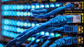 Close-up of network cables connected to a server, glowing LED lights in the background photo