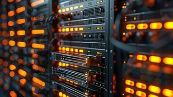Close-up of illuminated server racks in a data center showcasing technology in action photo