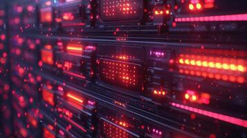 Close-up view of illuminated server racks showcasing vibrant lights and data processing environment photo