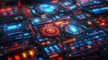 Futuristic control panel interface with glowing buttons and digital displays in a tech environment photo