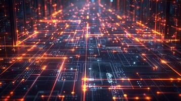 Abstract digital network with glowing lines and nodes, showcasing technology in a futuristic setting photo