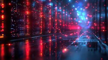 Vibrant Data Center with Colorful Lights and Reflections Creating a Futuristic Atmosphere photo