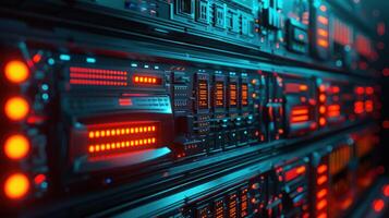 Futuristic data center with illuminated server racks showcasing technology and connectivity photo