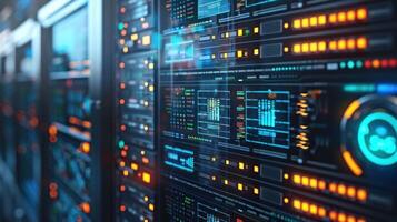 Close-up view of a high-tech server room showcasing illuminated data panels and circuitry photo
