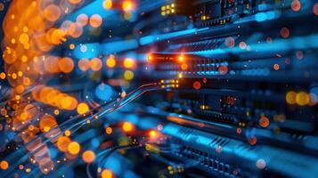Abstract view of illuminated server cables in a data center with colorful bokeh background photo