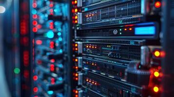 Close-up of illuminated server racks in a data center with colorful LEDs and cables photo