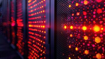 Close-up view of illuminated server racks showcasing vibrant LED patterns in a data center photo