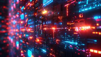 Abstract digital visualization showcasing vibrant data streams and glowing circuits in a futuristic environment photo