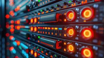 Close-up view of illuminated server rack components showcasing technology and data processing photo