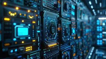 Close-up view of a futuristic server room with illuminated control panels and technology photo
