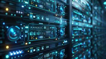 Futuristic server room showcasing intricate data storage technology and glowing interfaces photo