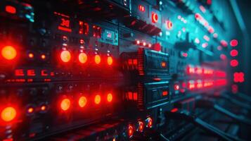 Close-up view of illuminated server components in a data center with blue and red lighting effects photo