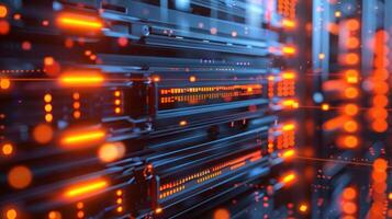 Abstract view of illuminated server racks showcasing data flow and technology in a digital environment photo