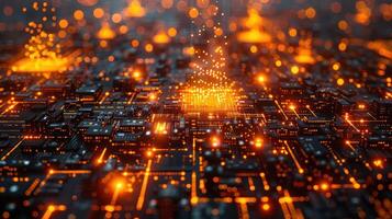 Abstract representation of a digital cityscape with glowing circuits and data streams in a futuristic setting photo