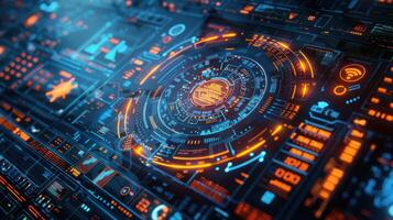 Futuristic digital interface displaying complex data visualization with vibrant colors and patterns photo