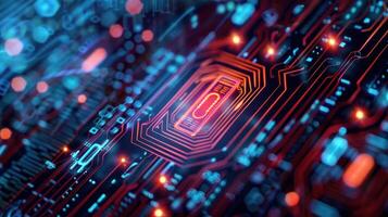 Close-up view of a vibrant microchip circuit board with glowing elements and intricate patterns photo